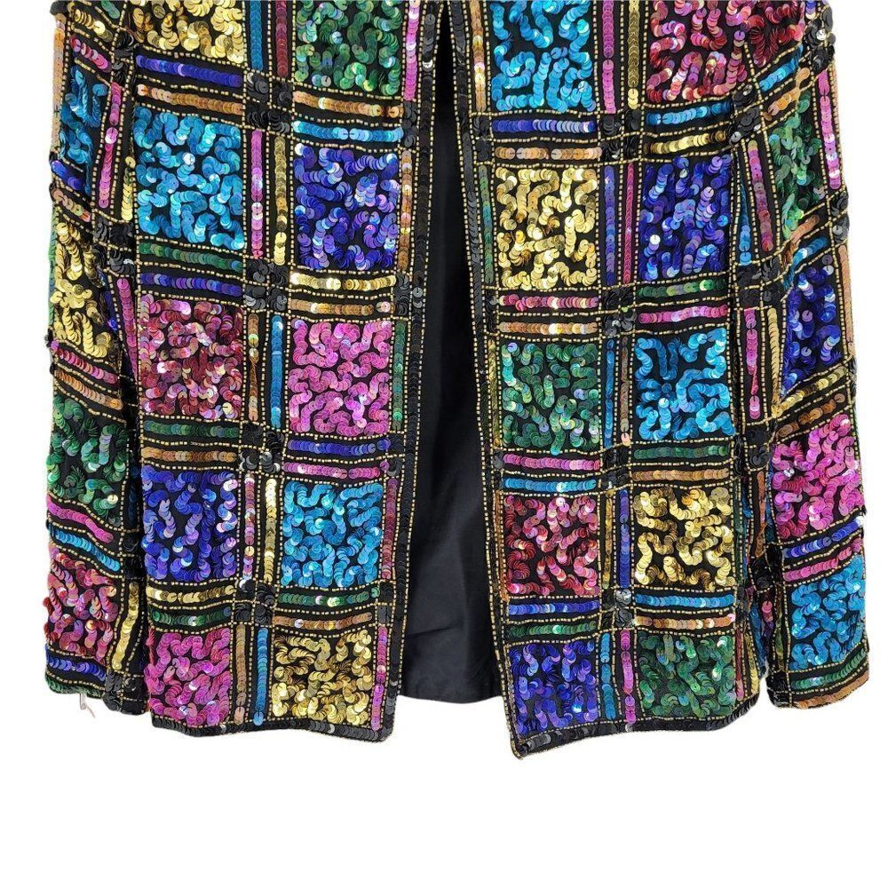Vtg 80's Leslie Fay Formal Silk Rainbow Geometric Stained Glass Sequin Blazer Sz - Picture 6 of 10